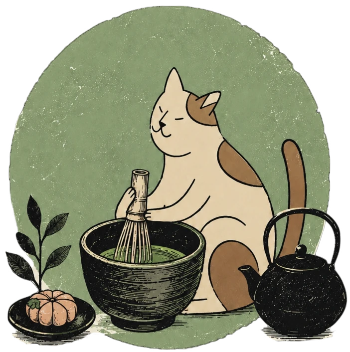 Illustration: Katze schlägt Matcha in einer Schale auf, daneben Teekanne und Wagashi